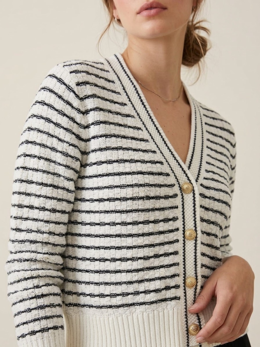 White Black Striped V-Neck Button-Front Cardigan